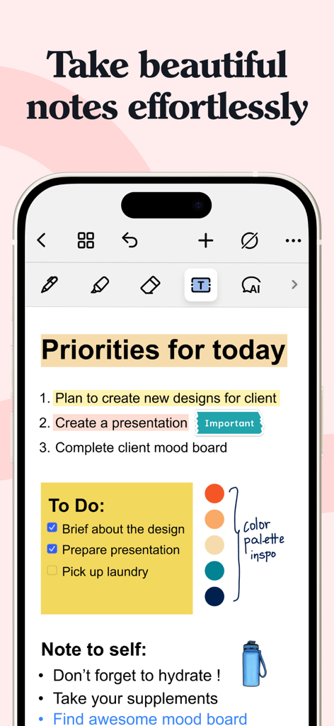 Noteshelf 3 app interface showing a daily priorities list with a to-do checklist and color palette inspiration