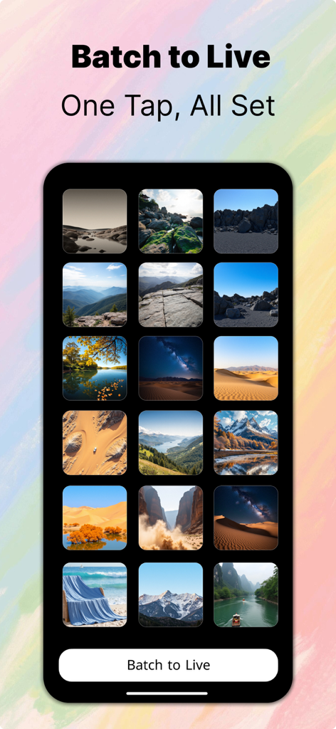 Interfaz de la función Batch to Live de la aplicación CamFusion con una cuadrícula de fotos de paisajes para conversión masiva