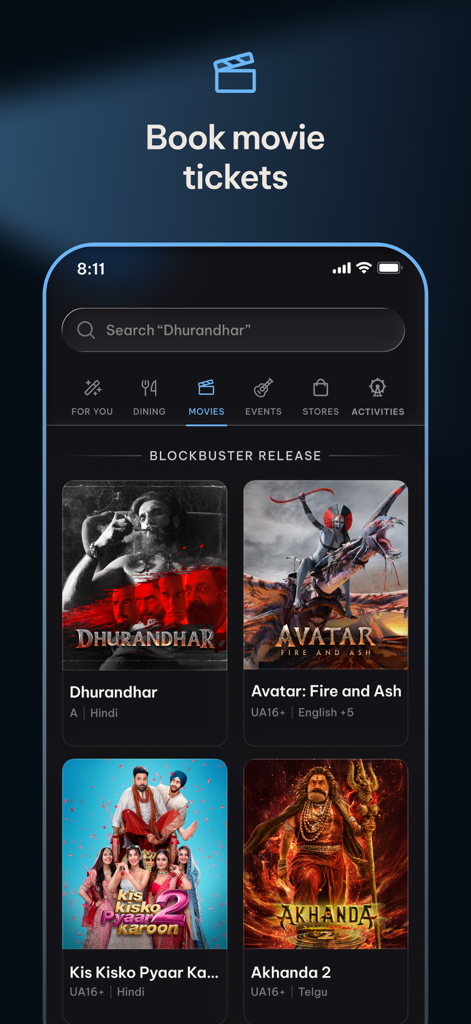 District: Movies Events Dining - Mobile app interface of District showing movie ticket booking options with trending blockbuster films