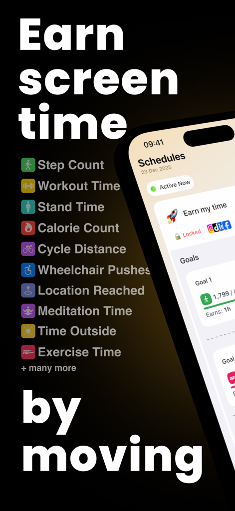 Fitlock: Earn Your Screen Time - Fitlock app interface showing a list of health goals like step count and workout time used to earn mobile screen time