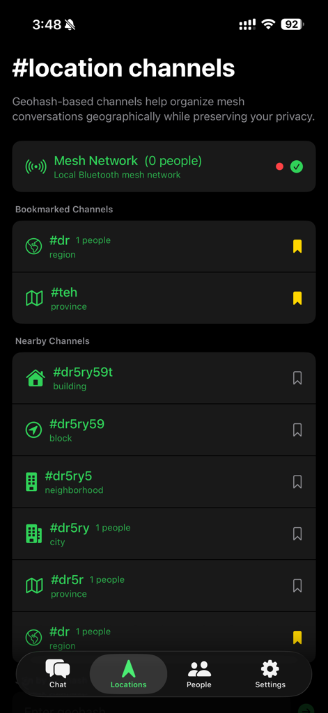 Gap Mesh - Interface of the Gap Mesh app showing location based chat channels organized by neighborhood city and province