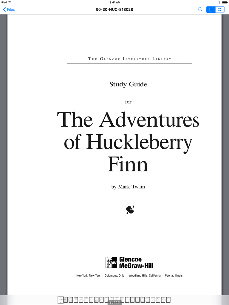 Interfaz de la aplicación Files HD Pro en iPad mostrando una guía de estudio en PDF de Las aventuras de Huckleberry Finn