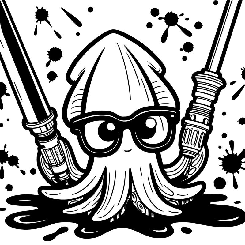 squid with lightsabers as arms with ink in the background