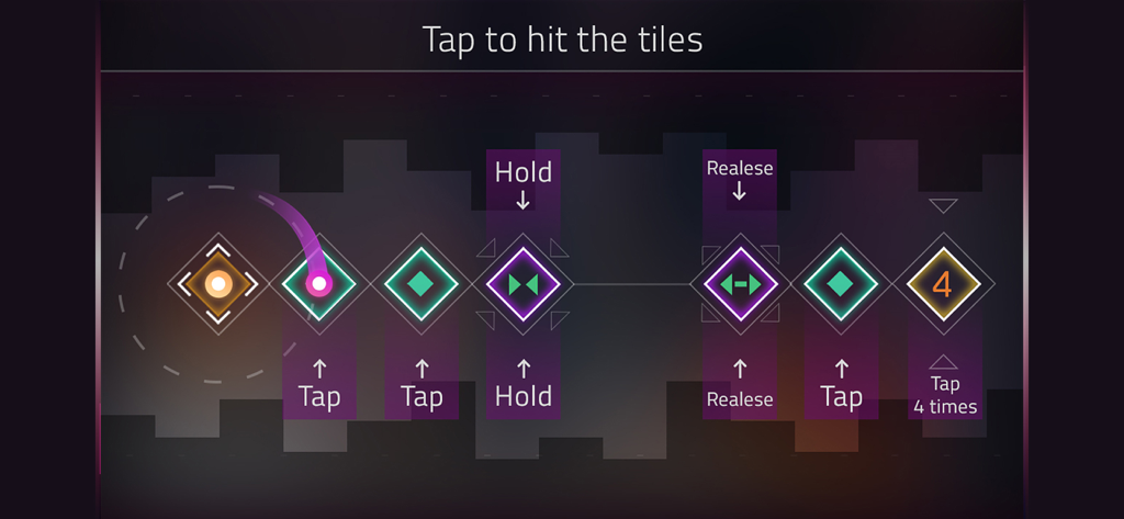 Beat Tiles: Rhythmatic tap - Beat Tiles音楽ゲームのチュートリアル。さまざまなタップとホールドの操作方法を説明している
