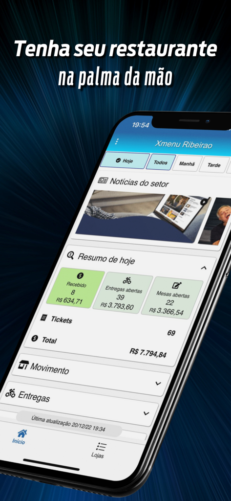 Smartphone displaying the NetLive restaurant management dashboard with sales summary and table status