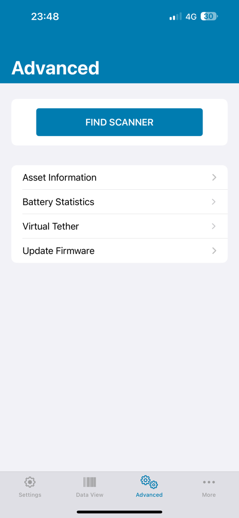 Tela de configurações avançadas do aplicativo Zebra Scanner Control com opções para informações do ativo e atualizações de firmware