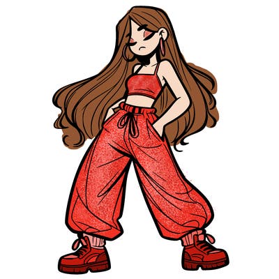 girl in baggy pants crop top and long hair