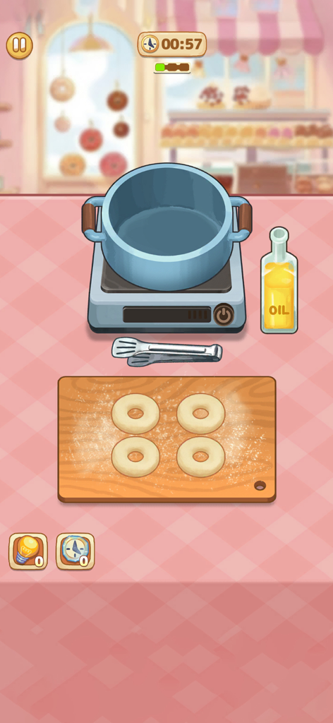 Eine gemütliche Küchenszene in Cookingo, die rohe Donuts auf einem Holzbrett neben einem Kochtopf zeigt.