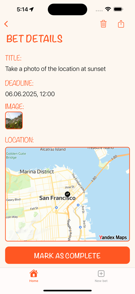 Dispute Diary - Una pantalla de la aplicación Diario de Disputas mostrando detalles específicos de la apuesta, incluyendo el título, la fecha límite, una imagen y un mapa de San Francisco.