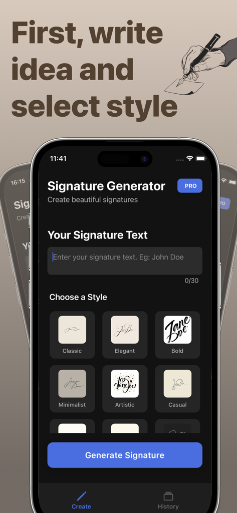 AI Signature Maker: Generator! - Uma interface de aplicativo móvel mostrando uma entrada de texto para um nome e várias opções de estilo de assinatura como clássico, elegante e ousado.