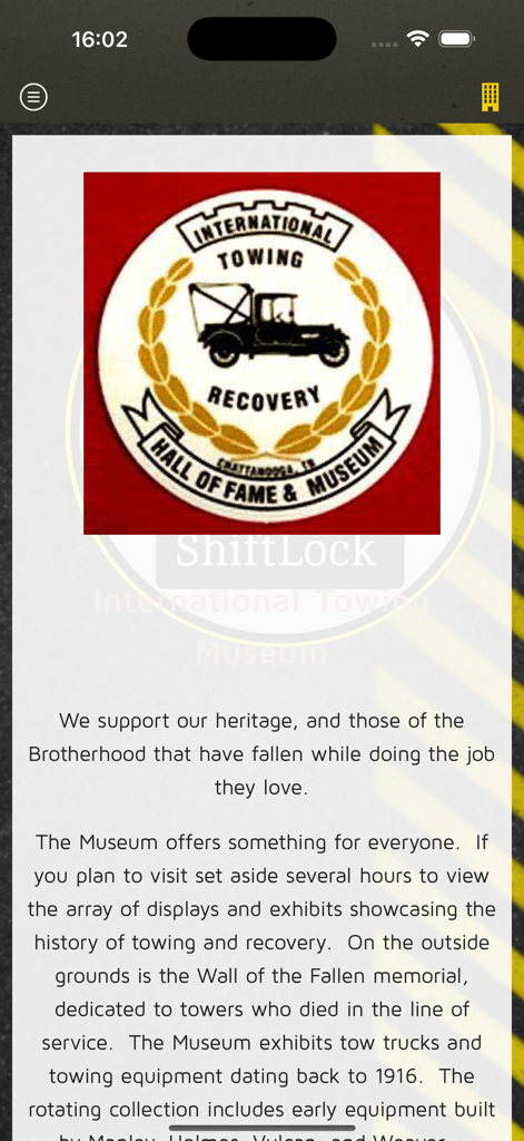 ShiftLock - Screenshot of the ShiftLock app displaying information about the International Towing Museum and Hall of Fame.