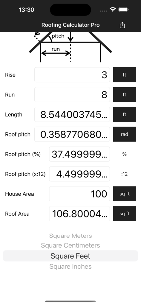 Roofing Calculator Pro - Interface of Roofing Calculator Pro app showing pitch and rafter length results