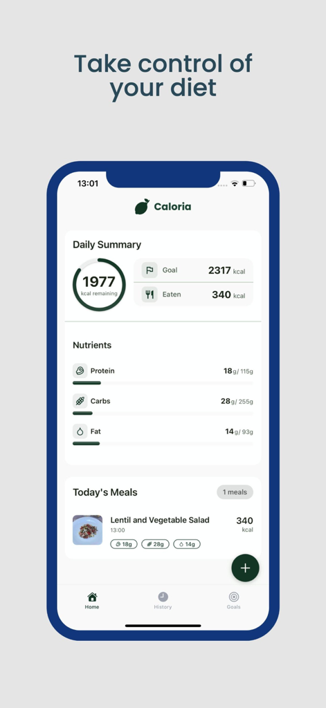 Caloria - AI Calorie Counter - Interfaz de la aplicación móvil Caloria que muestra los objetivos de calorías diarios, el seguimiento de macros y el historial de comidas.