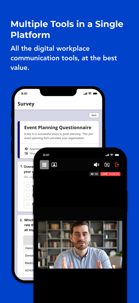 Screenshot of eUnite work app showing multiple workplace tools including an online survey and a live video stream