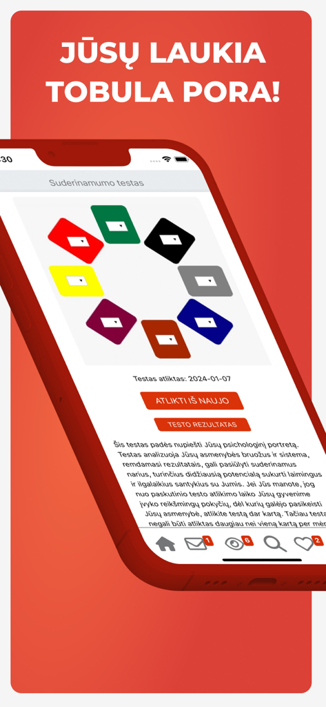 Tela de celular mostrando um teste de compatibilidade psicológica com um diagrama circular colorido no aplicativo de namoro Darnipora