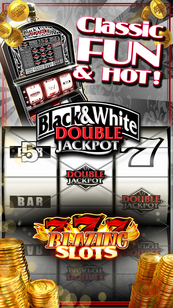 Classic 3-reel slot machine game Black and White Double Jackpot with stacks of gold coins and Blazing 7s logo.