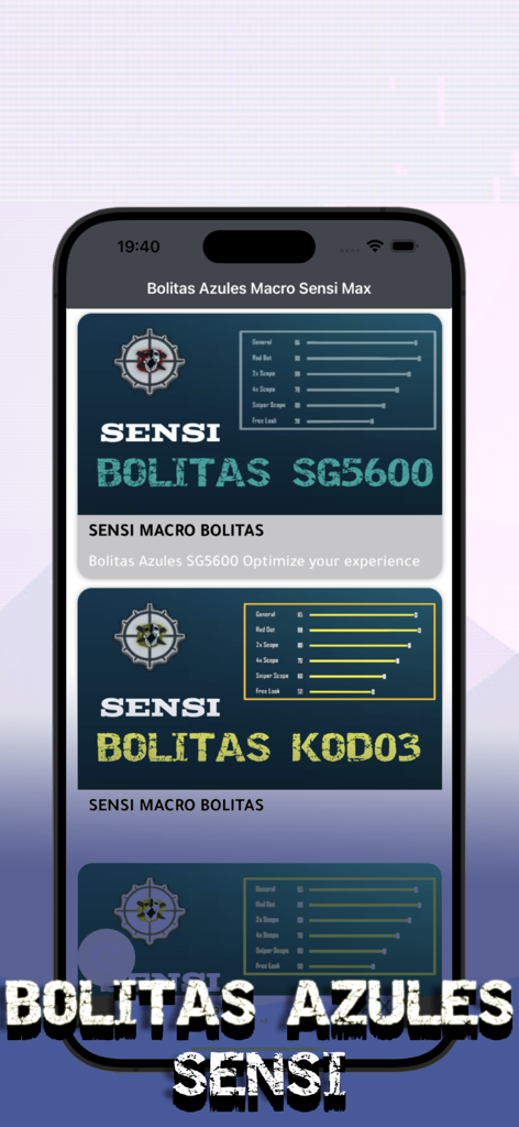 Bolitas Azules Macro-Sensi Max - Interfaz de la aplicación Bolitas Azules Macro-Sensi Max mostrando varias configuraciones de personalización de sensibilidad para juegos móviles