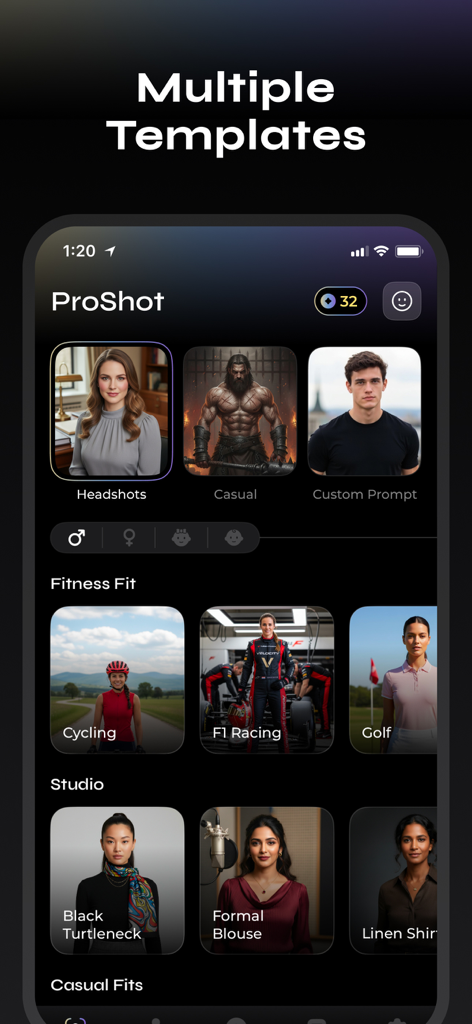 AI Professional Headshot - HS9 - Interface do aplicativo ProShot mostrando vários modelos de retrato gerados por IA, incluindo estúdio profissional e estilos de fitness