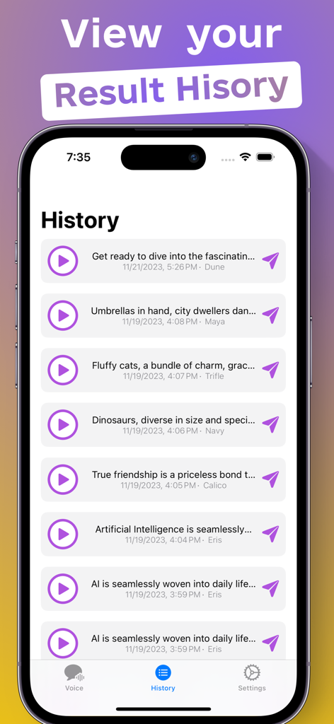 My Voice - Text To Speech - Screenshot of the My Voice text to speech app showing a history of generated audio files with play buttons and text snippets