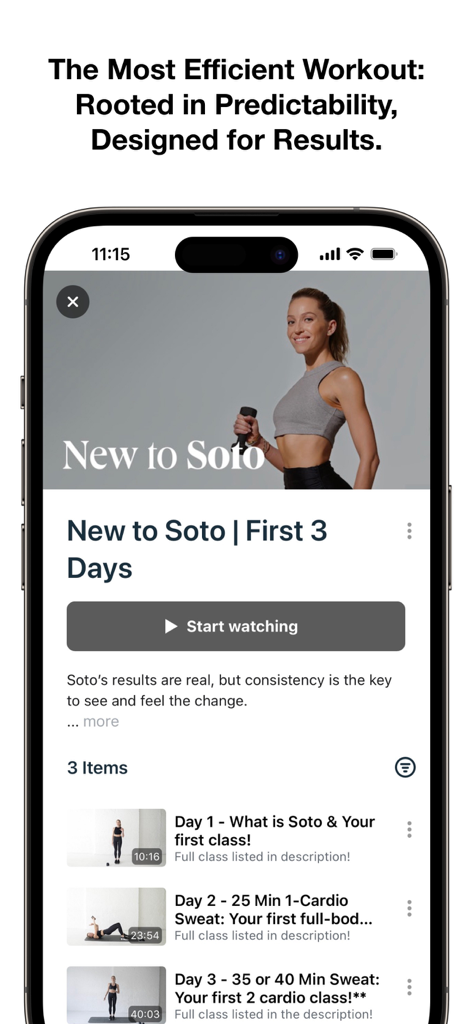 Soto Method - Interfaz de la aplicación de fitness Soto Method que muestra un plan de entrenamiento inicial de tres días.