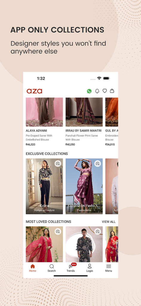 Aza Fashions Designer Clothing - Mobile app screen showing exclusive luxury designer ethnic wear from Aza Fashions
