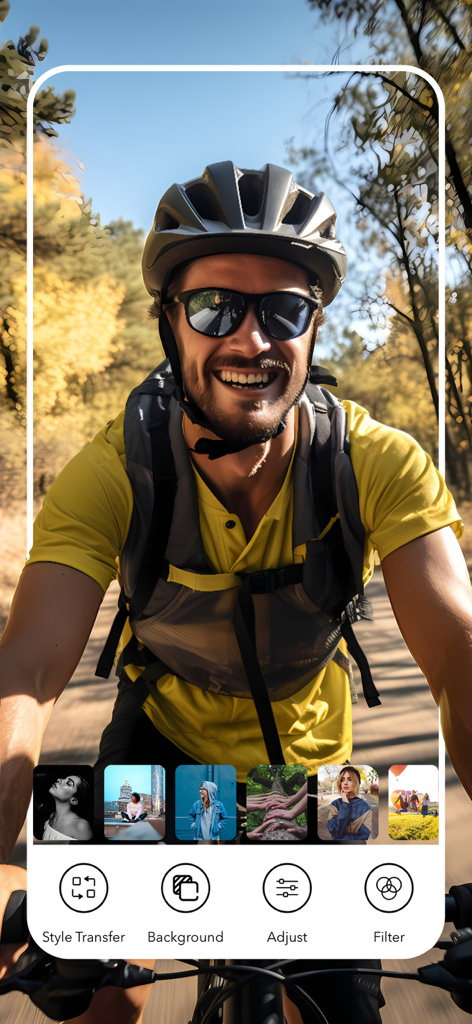 Photo editing app interface displaying a style transfer effect on a cyclist portrait
