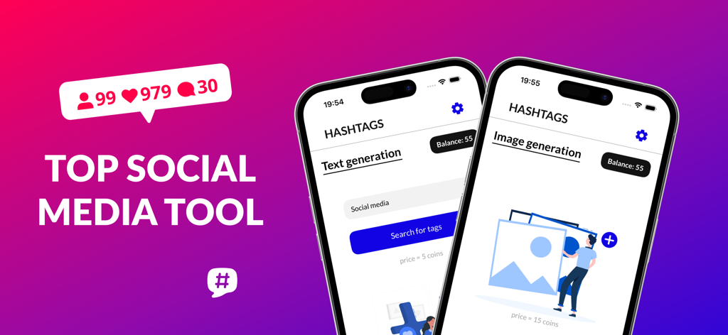 Hasht - find hashtags - Hasht app interface showing viral hashtag generation features from text and images