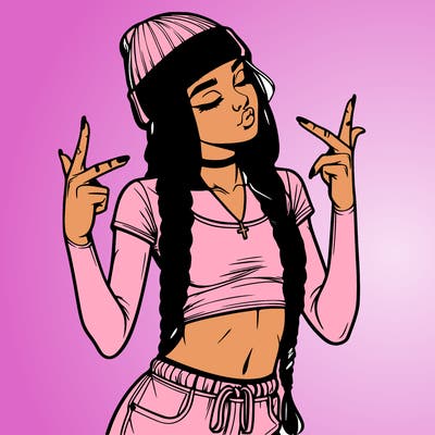 realistic teenage girl with braids and a beanie and crop top doing 🫶🏼