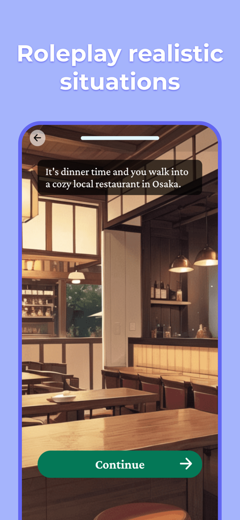 Dango app screenshot showing a realistic roleplay scenario in a cozy local restaurant in Osaka.