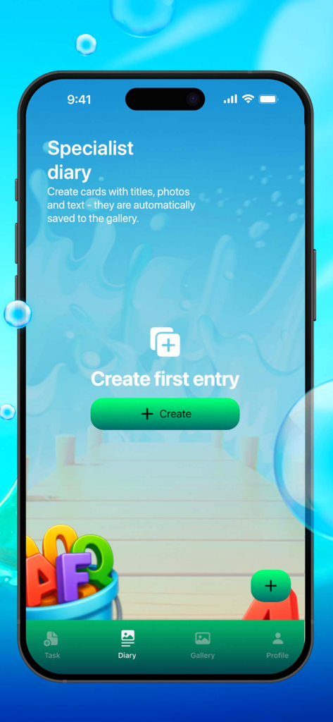 Deep Sea Fish Notes or Task - Diary interface of the Deep Sea Fish Notes app with a button to create the first entry.