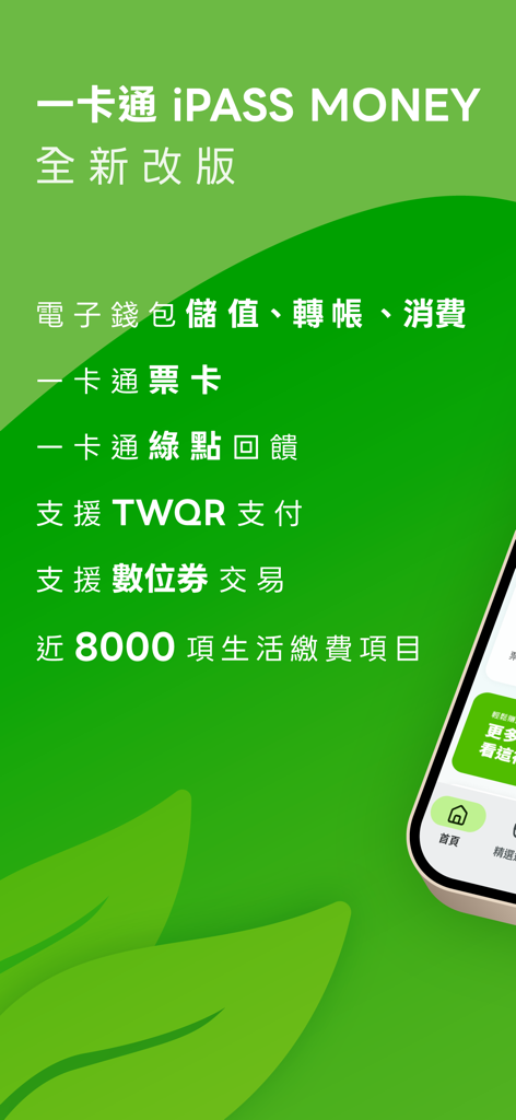 Schermata promozionale dell'app iPASS MONEY che elenca funzionalità come servizi di portafoglio digitale, supporto per pagamenti TWQR e pagamenti di bollette.