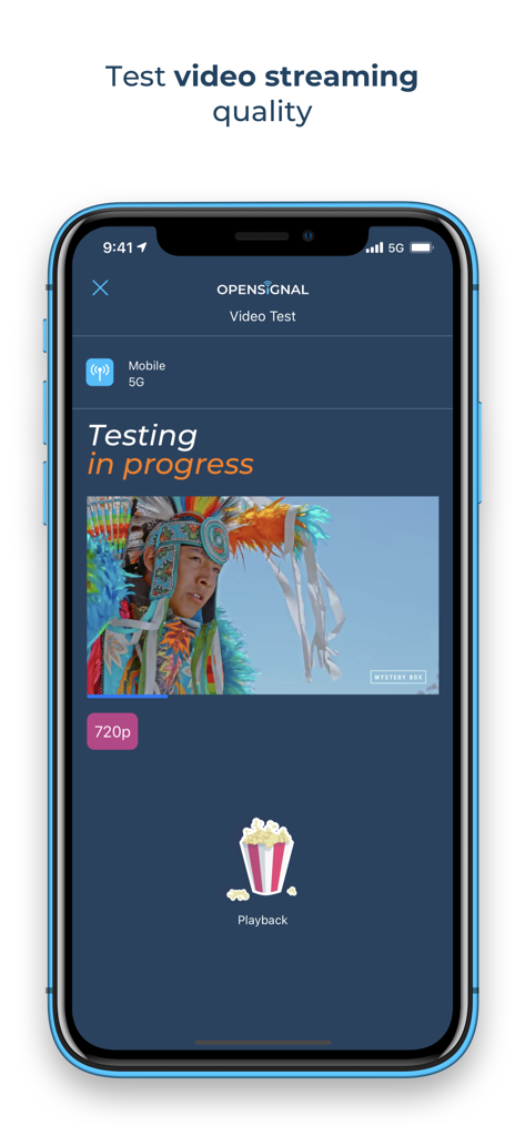 Opensignal app interface showing a video streaming quality test in progress on a mobile device