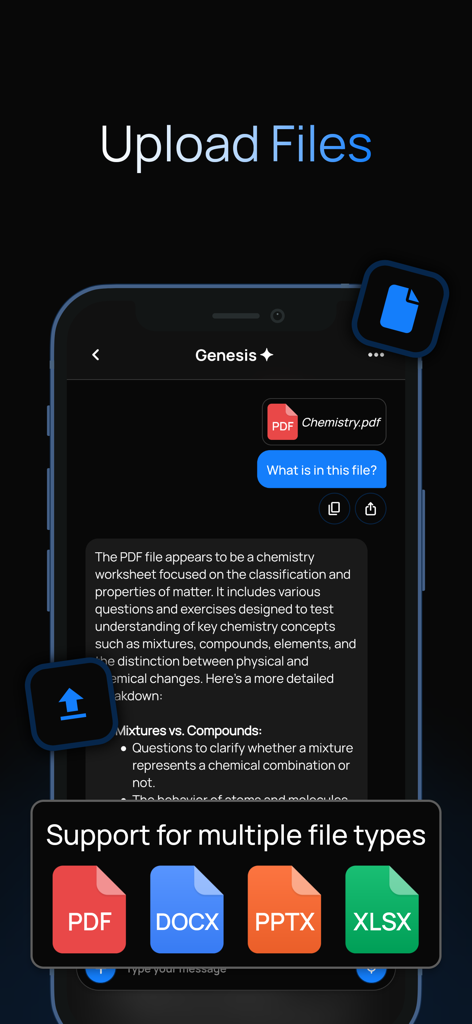 Mobile interface of Genesis AI showing the file upload and analysis feature for documents like PDFs.