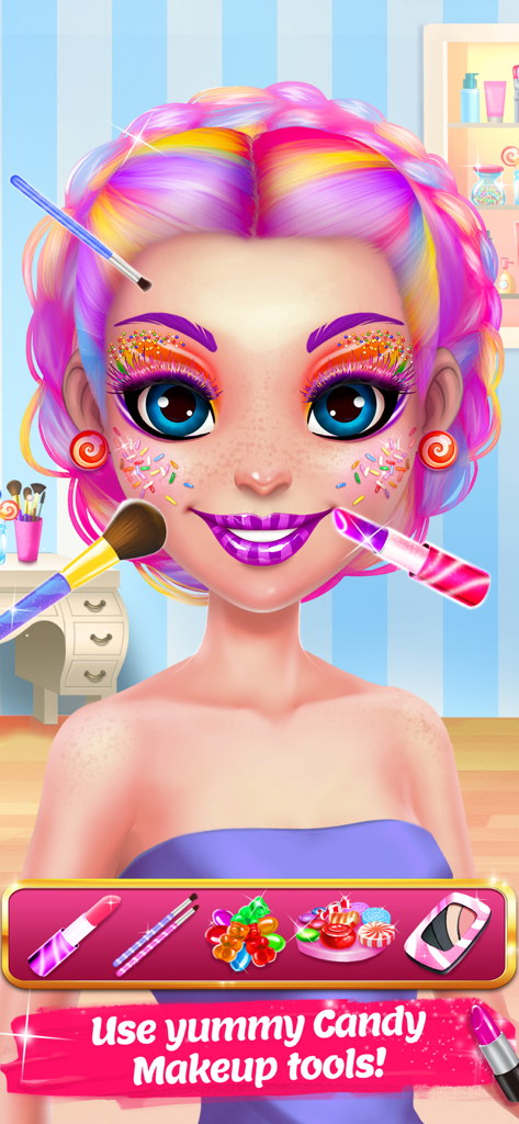 Candy Makeup Beauty Game - レインボーヘアに、頬のスプリンクルやカラフルなリップなど、キャンディをテーマにしたメイクをした女の子