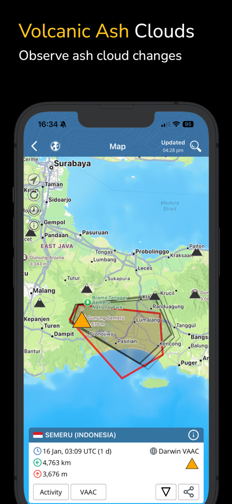 Mobile app interface showing a real-time volcanic ash cloud alert for Semeru volcano on a map