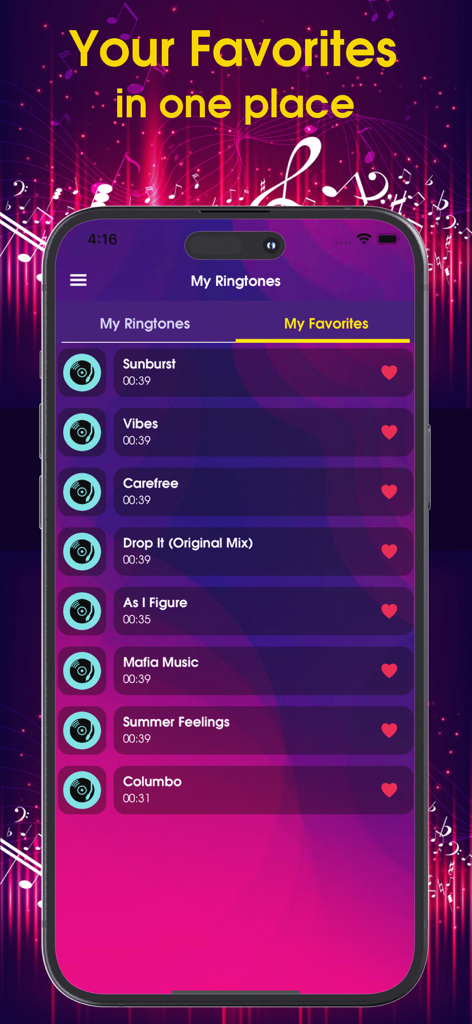 A list of favorite ringtones and songs saved in the Ringtones for iPhone app interface