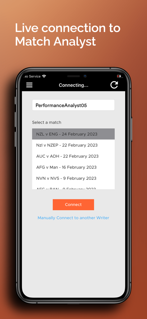NV Play Pitchside Analytics - Live connection interface for selecting a cricket match for pitchside analysis