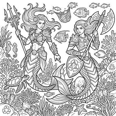 Unleash your creativity with this epic coloring page featuring fierce warrior mermaids dedicated to protecting our planet's oceans. Celebrate Earth Day by bringing this vibrant underwater world to life with your favorite colors.