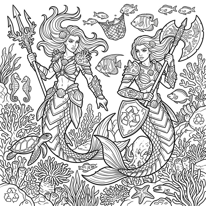 Unleash your creativity with this epic coloring page featuring fierce warrior mermaids dedicated to protecting our planet's oceans. Celebrate Earth Day by bringing this vibrant underwater world to life with your favorite colors.