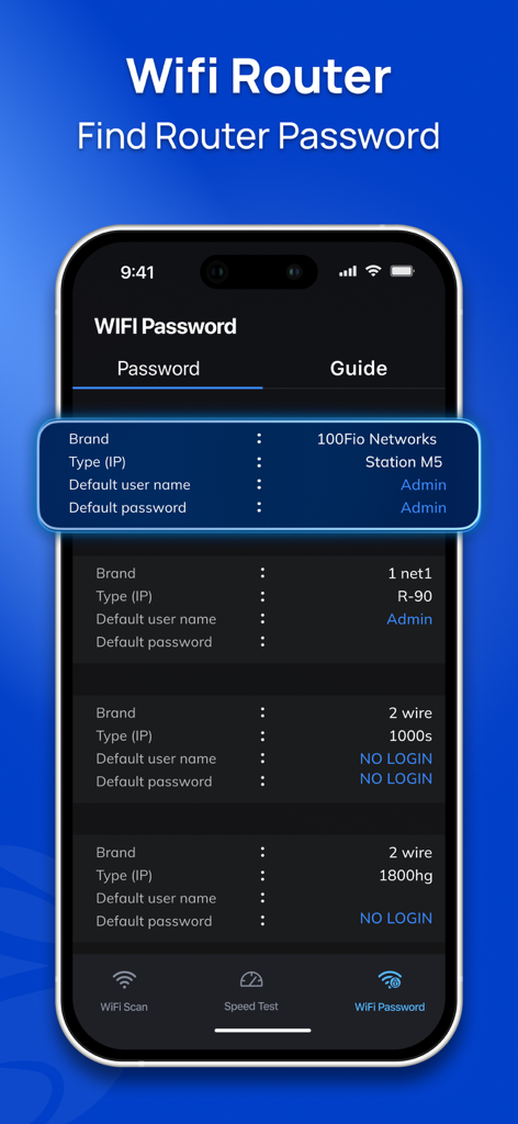 Wifi Analyser: Password Map - Interface of the Wifi Analyser app displaying a list of default router brands and their admin login credentials
