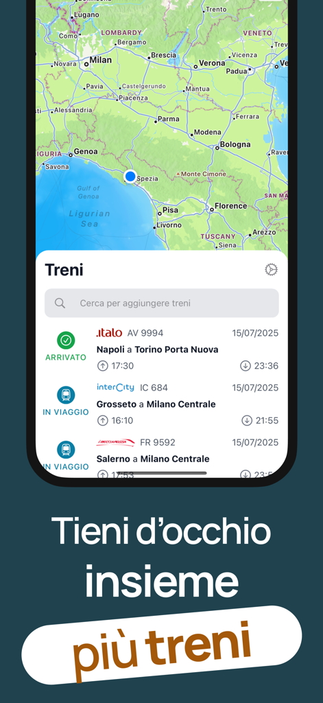 Interfaccia dell'app Orario e Ritardo Treni che mostra un elenco in tempo reale di più treni tracciati e una mappa interattiva dell'Italia