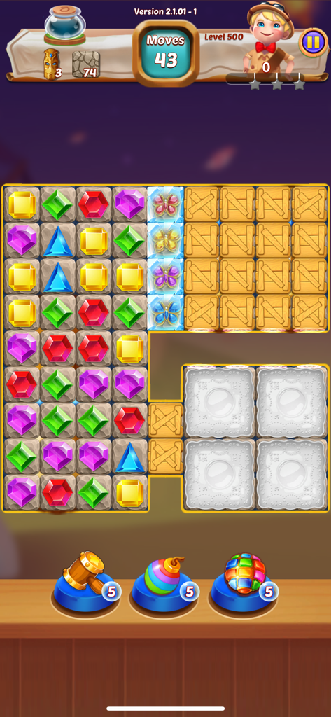 Jewels Mania Classic - Jewels Mania Classic mobile game puzzle board showing colorful gems and power-ups
