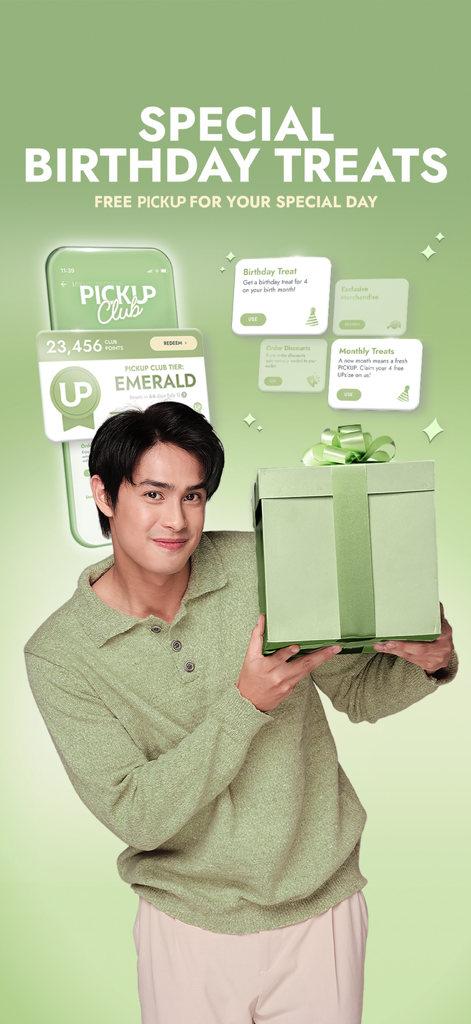 PICKUP COFFEE - A man holding a gift box next to the Pickup Coffee app interface displaying loyalty club rewards and birthday treats
