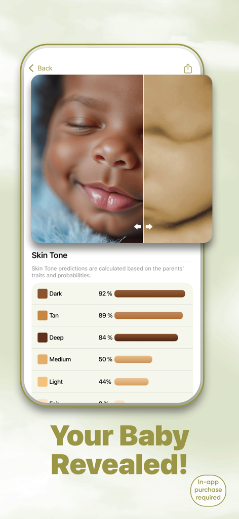 Ultrasound to Photo AI - Foto de bebé generada por IA con lista de probabilidad de tono de piel en la aplicación IA de Ultrasonido a Foto