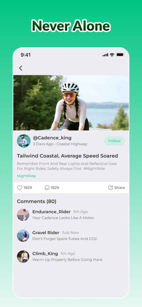 Yeka - Yeka cycling app interface showing a social activity feed with a user post and community comments
