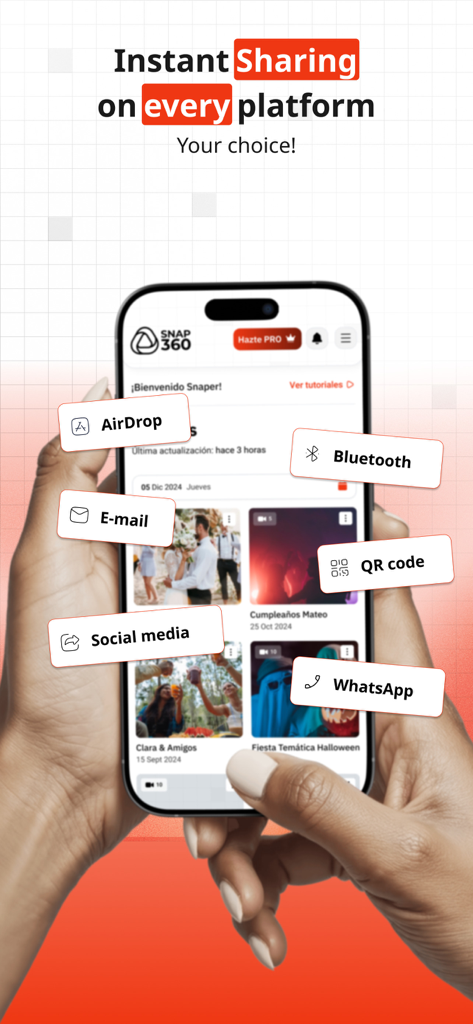 A person holding an iPhone displaying Snap360 sharing options like AirDrop QR code and social media