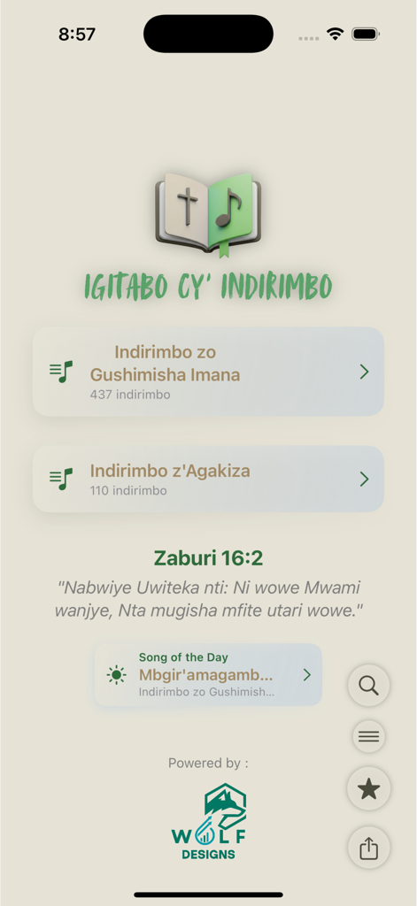 Home screen of the Igitabo cy Indirimbo mobile app featuring Rwandan Christian hymn categories and a daily Bible verse.