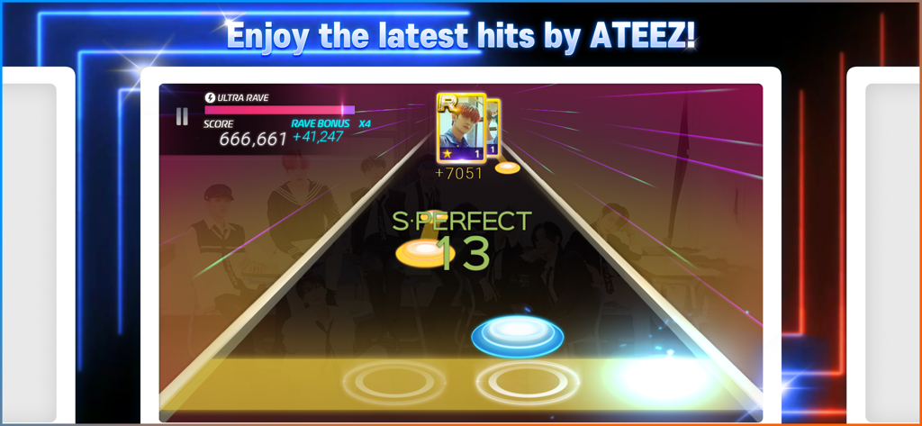 Gameplay screenshot of SUPERSTAR ATEEZ rhythm game showing falling notes and a collectible artist card