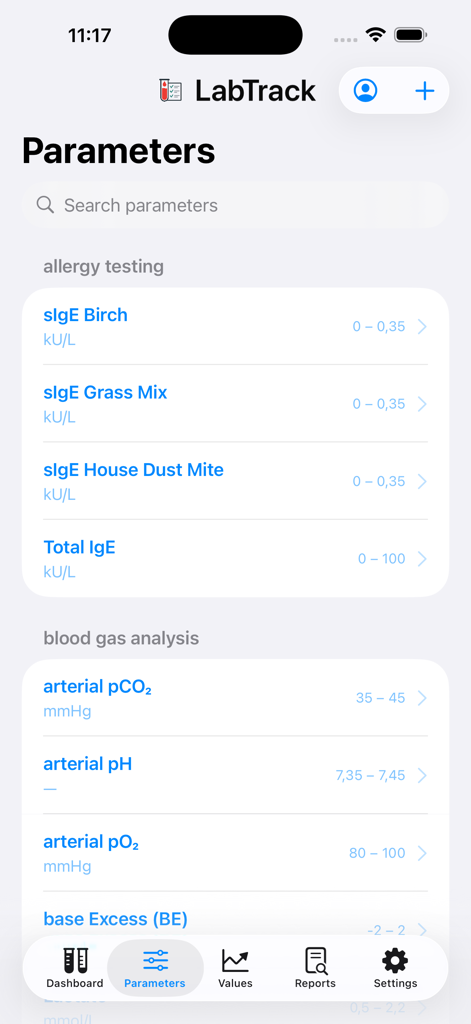 LabTrackGo - Screen showing a list of medical lab parameters including allergy testing and blood gas analysis with reference ranges.