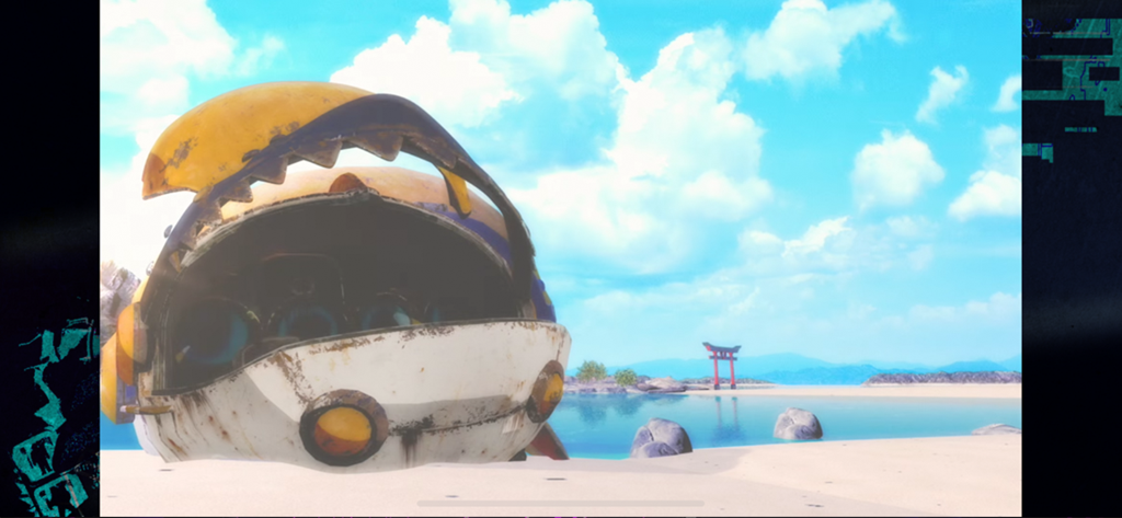 World's End Club - A giant rusted mechanical head resting on a sandy beach with a red torii gate in the background
